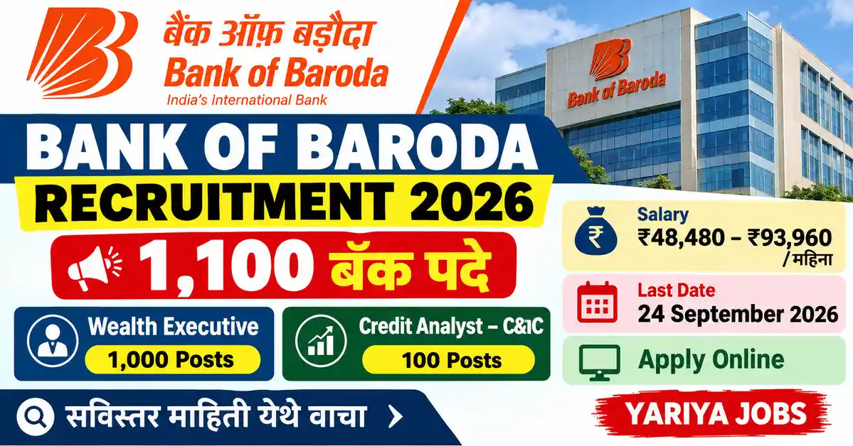 Bank of Baroda Recruitment 2026 मध्ये Wealth Executive आणि Credit Analyst पदांसाठी 1100 Bank Jobs, Salary ₹48,480 ते ₹93,960